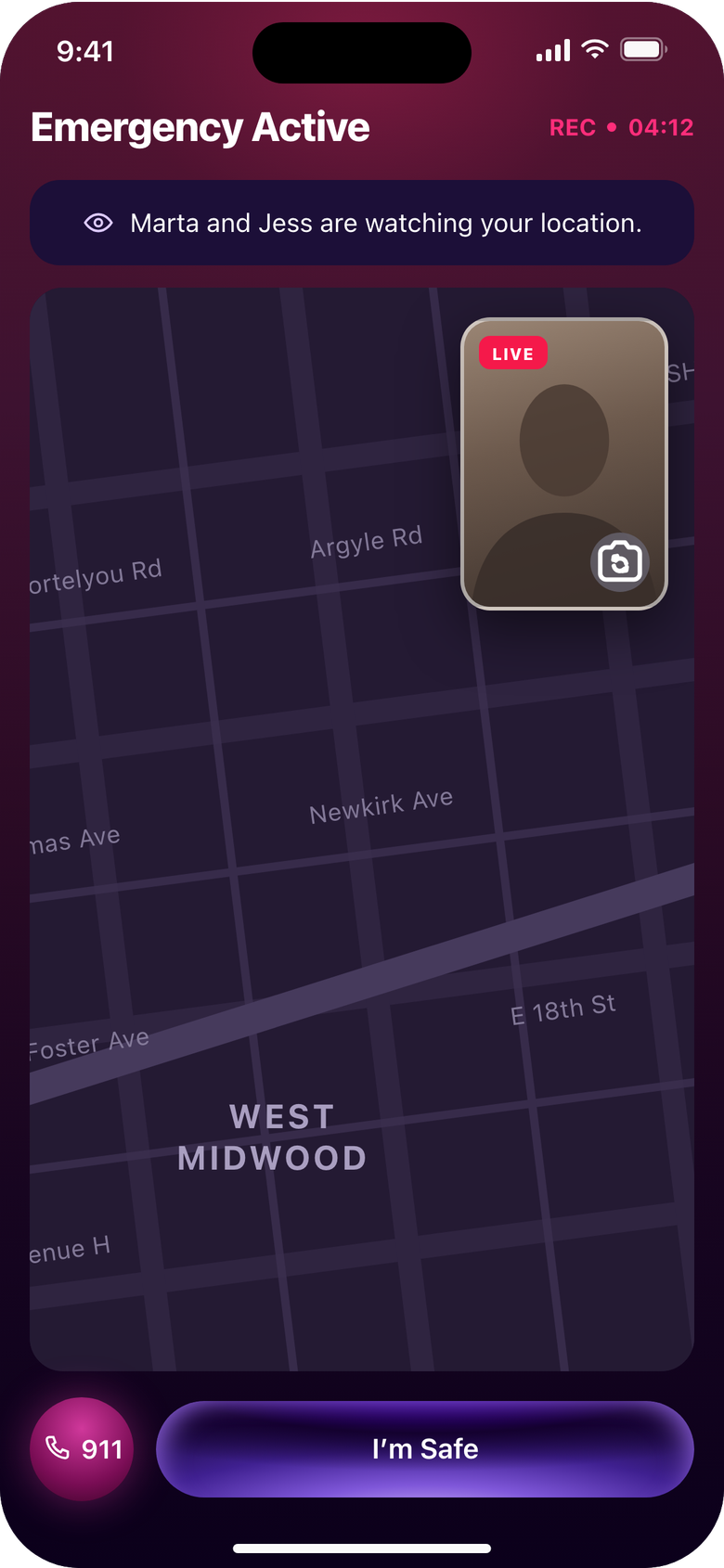 The alert screen: a map with your live location, a LIVE video card, a 911 button and an I'm Safe button.