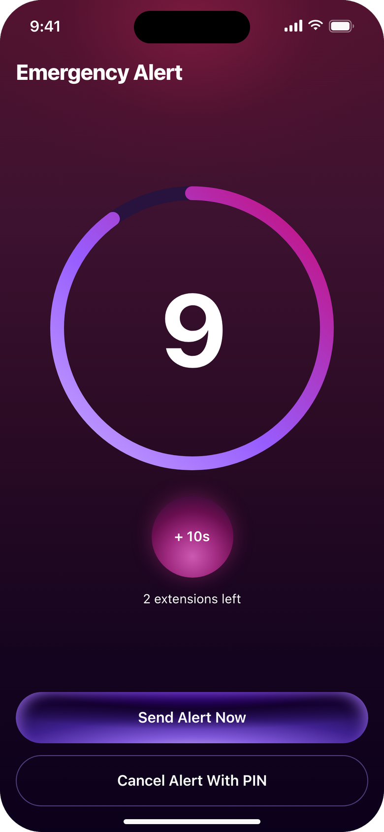 The ten-second countdown with Send Alert Now and Cancel Alert With PIN.
