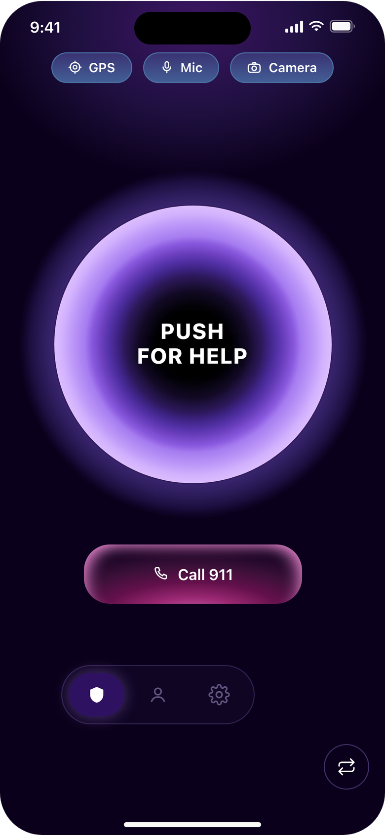 The push! home screen: a large glowing button that reads Push for help, with a Call 911 button under it.