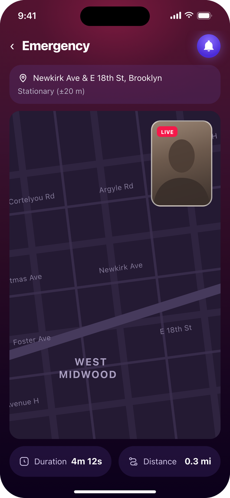 A contact's view: address, live map, live video, duration and distance.